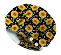DELORIGIN Sunflowers Bees Butterflies Bouffant Scrub Caps Cotton Nurse Theatre Hat With Button and Sweatband Adjustable Surgical Caps for Women Men Cooking Housework Head Cover One Size Fits All