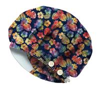 DELORIGIN Tie-dye Hibiscus Flowers Bouffant Scrub Cap Adjustable Working Cap Monstera Palm Leaves Cotton Nursing Surgeon Hat With Button Sweatband Unisex Theatre Hats for Women Men One Size Fit All
