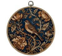 DELORIGIN Vintage Bird Floral Framed Wall Art Decor 10" Flowers Leaves Round Canvas Wall Art with Vintage Hooks Hanging Artwork Prints for Living Room Hallway Stairs Porch Decoration