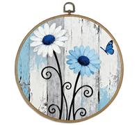 DELORIGIN Vintage Daisies Butterflies Wall Art Decor 10" Round Framed Canvas Wall Art Prints with Metal Hooks Home Artwork Hanging Framed Pictures for Hallway Stairs Bedroom Living Room Vintage Decor