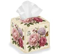 DELORIGIN Vintage floral Tissue Storage Box, Roses Peonies Hydrangeas Square Foldable Tissue Box Holder Waterproof Leather Paper Towel Case Cover Container Organizer for Bedroom Office Car, 13*13*13cm