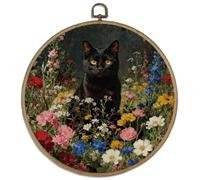 DELORIGIN Wildflower Black Cat Round Framed Wall Art Decor 10" Retro Flowers Wall Hanging Canvas Prints Art Canvas Circle Frame Artwork Print for Walls Farmhouse Sculptures Bedroom Living Room Porch