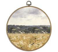 DELORIGIN Wildflower Meadow Wall Art Decor 10" Round Framed Canvas Wall Art Prints with Metal Hooks Field Artwork Hanging Framed Pictures for Hallway Stairs Bedroom Living Room Vintage Decor
