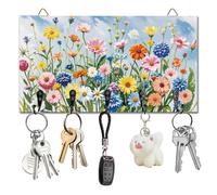 DELORIGIN Wildflowers Key Holder Key Hooks Wall Mounted Wooden Key Racks with 5 Hooks Key Storage Organizer House Key Hanger for Wall Decor Door Entryway Hallway Kitchen New Home Gift