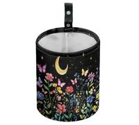 DELORIGIN Wildflowers Moon Car Trash Can Butterfly Waterproof Car Garbage Can Car Seat Back Hanging Trash Bag Portable Camping Waste Bin Storage Bag Collapsible Trash Container for Car (5.9"W,7.2" H)