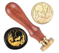 DELORIGIN Wolf Cliff Moon Wax Sealing Stamp, 1" Brass Wax Seal Stamp Head with Wooden Handle Vintage Flower Wax Stamp for Invitation Cards Gift Wrapping Envelopes Wine Package Decoration
