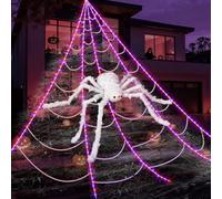 Delousiber 50-Inch Giant Spider Web With Purple LED Lights And 20 Small Spiders, Halloween Giant Spider Horror Decoration, Halloween Decorations