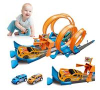 Delousiber 70 Pieces Toy Car Track Set with LED Lights & Engine Sounds, 4 Loops Raceway for Boys Kids Age 3-12, Gift Ideal Racing Game Toy