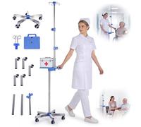 Delousiber Adjustable Stainless Steel IV Drip & Catheter Stand with Wheels, Tray, 4 Hooks for Night Bags, 5-Leg Base, 1.5-2m Height, 8KG Load, Hospital Clinic Home Use