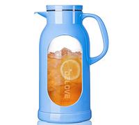 Delove 68 oz/2 Liter Glass Pitcher with Shatterproof Shell - Heat Resistant Glass Liner - Stainless Steel Lid - Carafe & Jug for Iced Tea,Hot/Cold Water,Homemade Juice Beverages (Blue)