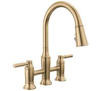 Delta Renaldi Brushed Gold Kitchen Faucet with Pull Down Sprayer, Bridge 3 Hole Modern Kitchen Sink Faucet, Two-Handle, Lumicoat Champagne Bronze 2384L-CZ-PR-DST