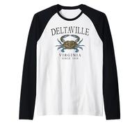 Deltaville Virginia Blue Crab Since 1608 Black Letters Raglan Baseball Tee