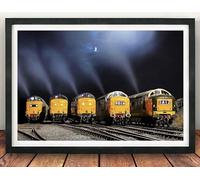 Deltic Locomotives Railway Gifts, Framed Print. Deltics 55022, 55019, 55002, D9016 and D9009 Line Up, Railwayana, Train, English Electric, Picture, Poster (Black Frame, 53 x 43 cm)