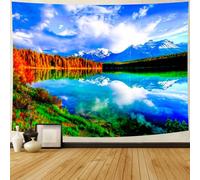 Delur Mountain Lake Tapestry Forest Nature Landscape Tapestry Wall Hanging Scenic Tree Blue Sky Tapestry Psychedelic Natural Headboard Bedspread Tapestry for Bedroom Living Room Decor (70.8" x 92.5")