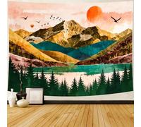 Delur Mountain Tapestry Boho Sunset Tapestry Nature Forest Tree Landscape Tapestry Mountain Sunrise Tapestry Psychedelic Wall Hanging Headboard Tapestry for Bedroom Living Room Home Decor (51.2" x