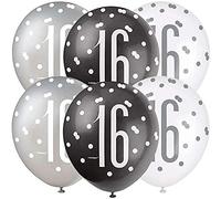 Deluxe 16th Birthday Glitz Latex Balloons - Elegant Black, Silver & White Combo - Elegant Party Decor for Age 16 Celebrations - 6 Pcs