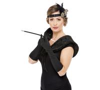 Deluxe 1920's Flapper Kit Black & Gold Cigarette Holder Instant Kit Stole Fancy