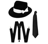 DELUXE 1920S GANGSTER FANCY DRESS SET - TRILBY HAT + BLACK SUSPENDER BRACES + BLACK TIE (Black Hat)
