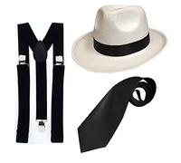DELUXE 1920S GANGSTER FANCY DRESS SET - TRILBY HAT + BLACK SUSPENDER BRACES + BLACK TIE (White Hat)
