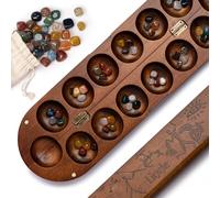 Deluxe 21 Inch Mancala Game Set: Real Wood Mancala Hinged Board with 48 Mixed Natural Gemstones - Authentic African Petroglyphs, Foldable Design for 2-Player Strategy Game