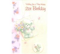 Deluxe 21st Birthday Card, Floral Teddy Bear Design, Pink and Purple, 15 x 23 cm, Sweet Sentimental Message for Women