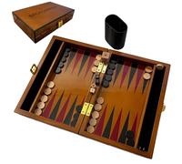 Deluxe 30cm Lacquered Wood Backgammon Set with Premium Leather Dice Cup with Varnished Wooden Game Chips