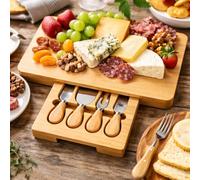 Deluxe Bamboo Cheese Board Set with Drawer & 4 Stainless Steel Cheese Knives Large Charcuterie Board Gift Set Large Wooden Serving Platter for Cheese, Meat, Crackers & Wine Night