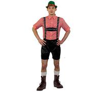 Deluxe Bavarian Man Costume - Leather Look Lederhosen, Checked Shirt and Green Bavarian Hat - Adults Oktoberfest German Fancy Dress Costume