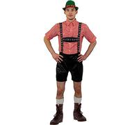 Deluxe Bavarian Man Costume - Leather Look Lederhosen, Checked Shirt, Green Bavarian Hat, Cream Bavarian Socks - Adults Oktoberfest German Fancy Dress Costume