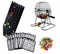 Deluxe Bingo Game Set - Metal Round Cage, 75 Colored Bingo Balls, 18 Bingo Cards, 150 Mixed Chips and Master Board for Groups, Parties-Fun Family Bingo Night