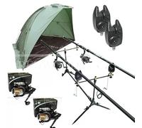 Deluxe Bivvy Carp Fishing Set with Rods, Double Handle Reels, Pod, 2 x Alarms