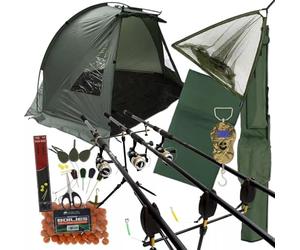 Deluxe Carp Fishing Kit - 3x 12ft Rods, 2BB Reels with 8lb Line, Bite Alarms, Bivvy with Groundsheet, 42" Net & Handle, Unhooking Mat and Digital Scale, Pod Stand, Tackle & Boilies - NGT