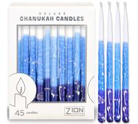 Deluxe Chanukah Candles for Menorah Set of 45 Multi Blue & White Frosted 1-Hour Decorative Hanukkah Candles Thin Tapered Candle with DIY Dreidel Prayer Song Card by Zion Judaica