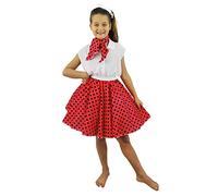 DELUXE childS ROCK N ROLL SKIRT FANCY DRESS COSTUME SET 18" LONG (46 CM) POLKA DOT 50'S SKIRT WITH NECK SCARF COLOURED ROCK AND ROLL SWING OUTFIT child (RED WITH BLACK DOTS)