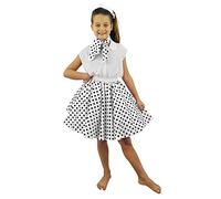 DELUXE childS ROCK N ROLL SKIRT FANCY DRESS COSTUME SET 18" LONG (46 CM) POLKA DOT 50'S SKIRT WITH NECK SCARF COLOURED ROCK AND ROLL SWING OUTFIT child (WHITE WITH BLACK DOTS)
