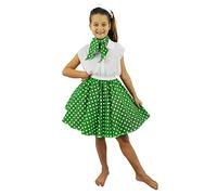 Deluxe Childs Rock N Roll Skirt Fancy Dress Costume Set 18" Long (46 Cm) Polka Dot 50's Skirt With Neck Scarf Coloured Rock and Roll Swing Outfit Child (Green With White Dots)