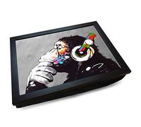 Deluxe Cushioned Lap Tray | Banksy 'DJ Monkey The Thinker' | Wooden Frame | Bean Bag Cushion Base | #BK