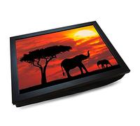 Deluxe Cushioned Photo Lap Tray | African Elephant with Baby Calf at Sunset | Wooden Frame | Bean Bag Cushion Base | #HG