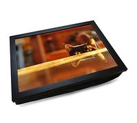 Deluxe Cushioned Photo Lap Tray | Curious Cat Peeking over Table | Wooden Frame | Bean Bag Cushion Base | #II
