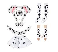 Deluxe Dalmatian Costume Set with Ears Headband, Nose, Bow tie, Spotted Tail, Arm Warmers Gloves, Socks and Tutu Skirt for Halloween Party Dress Up Animal Role Play Black, White