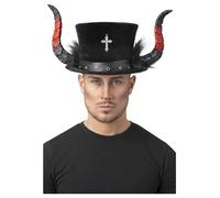 Deluxe Devil Top Hat With Horns & Marabou Halloween Fancy Dress Accessory