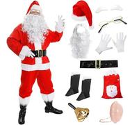 Deluxe Father Christmas Santa Costume - X-Large - Jacket, Trousers, Wig, Beard, Boot Covers, Hat, Belt, Glasses, Gloves, Eyebrows, Inflatable Belly, Sack, Bell - Adults Mens Xmas Fancy Dress Costume