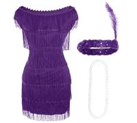 Deluxe Fin Dress Purple - Large - Dames Deluxe Purple Flapper Costume with Matching Sequin Sash and Silver Pearl Necklace - 1920s Prom Dress (42/44)