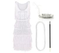 Deluxe Flapper Dress - Ladies Deluxe Flapper Costume with Matching Sequin Headband, Silver Pearl Necklace, Cigarette Holder - 1920's Party Dress