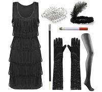 Deluxe Flapper Dress - Ladies Deluxe Flapper Costume with Matching Sequin Headband, Silver Pearl Necklace, Gloves, Fake Cig, Cigerette Holder, and Tights - 1920's Party Dress
