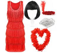 Deluxe Flapper Dress - Ladies Deluxe Flapper Costume with Matching Sequin Headband, Silver Pearl Necklace, Feather Boa, Bob Wig - 1920's Party Dress