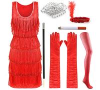 Deluxe Flapper Dress - Ladies Deluxe Flapper Costume with Matching Sequin Headband, Silver Pearl Necklace, Gloves, Fake Cig, Cigerette Holder, and Tights - 1920's Party Dress