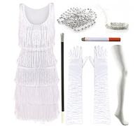Deluxe Flapper Dress - Ladies Deluxe Flapper Costume with Matching Sequin Headband, Silver Pearl Necklace, Gloves, Fake Cig, Cigerette Holder, and Tights - 1920's Party Dress
