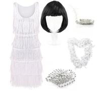 Deluxe Flapper Dress - Ladies Deluxe Flapper Costume with Matching Sequin Headband, Silver Pearl Necklace, Feather Boa, Bob Wig - 1920's Party Dress