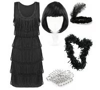 Deluxe Flapper Dress - Ladies Deluxe Flapper Costume with Matching Sequin Headband, Silver Pearl Necklace, Feather Boa, Bob Wig - 1920's Party Dress